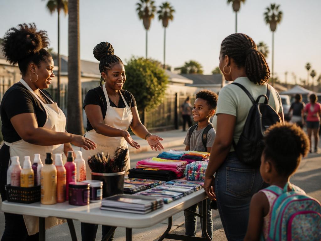 Apex Affect community outreach — volunteers on the street with care kits, families receiving haircare supplies, cinematic warm editorial