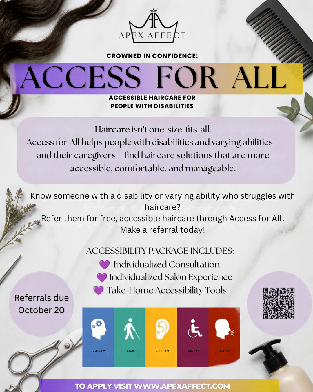 Crowned in Confidence: Access for All — accessible haircare for people with disabilities; referrals due October 20.