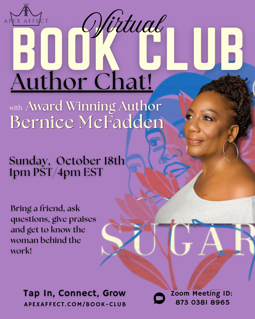 Apex Affect Virtual Book Club Author Chat flyer — with award-winning author Bernice McFadden, Sunday, October 18th, 2026, 1pm PST / 4pm EST