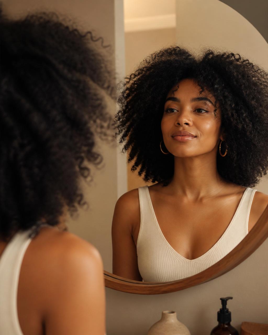 A confident young woman with beautiful ethnic hair looking at herself in the mirror with a soft smile