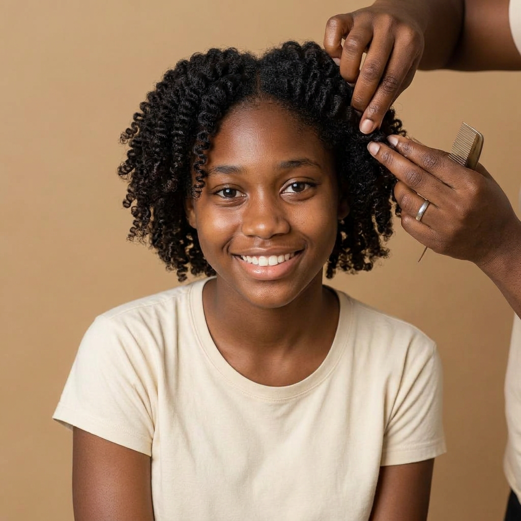 After culturally affirming haircare — the same teenage girl smiling with beautifully styled natural hair being finished by a Black stylist