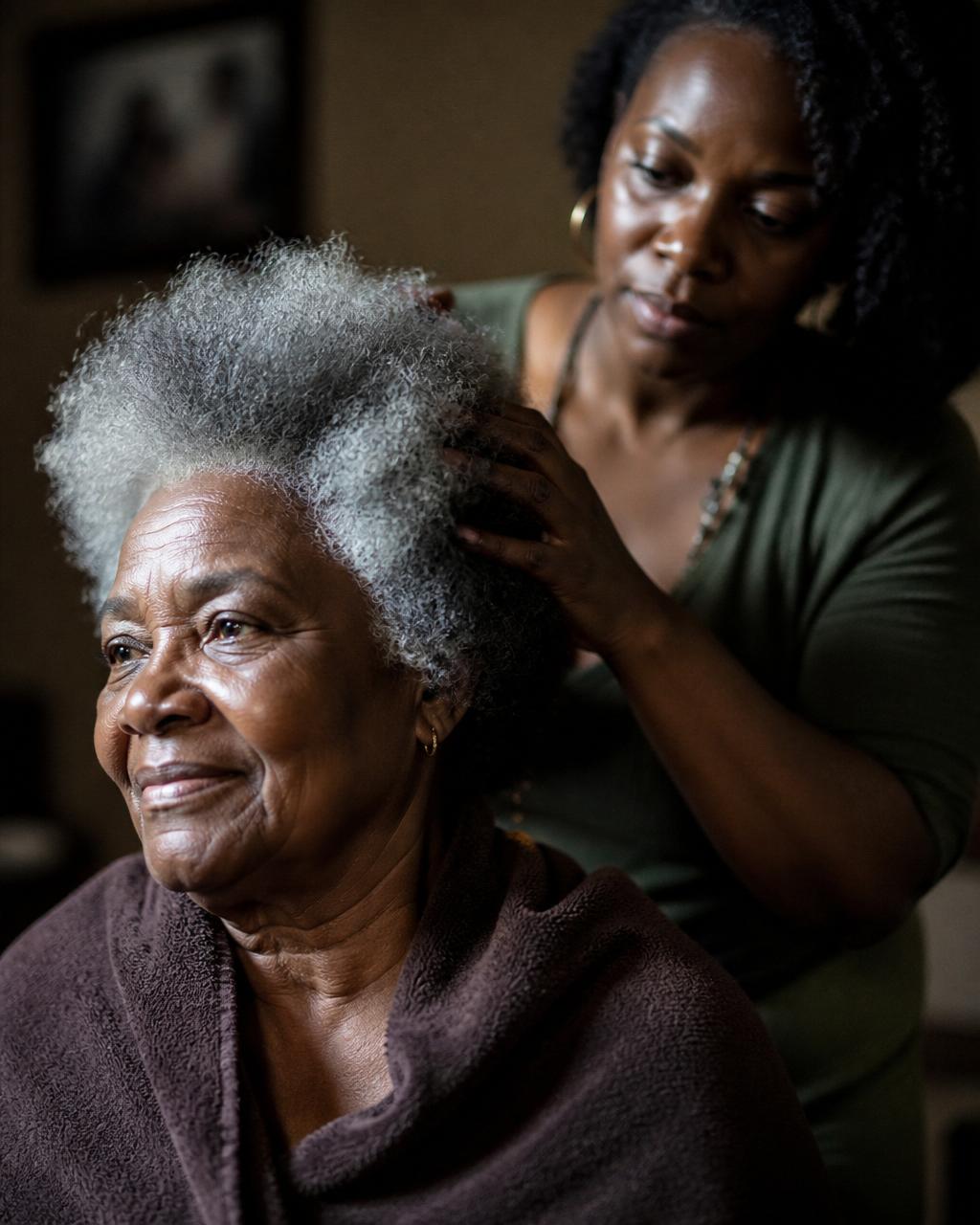 An elder Black woman receiving gentle haircare, smiling with dignity