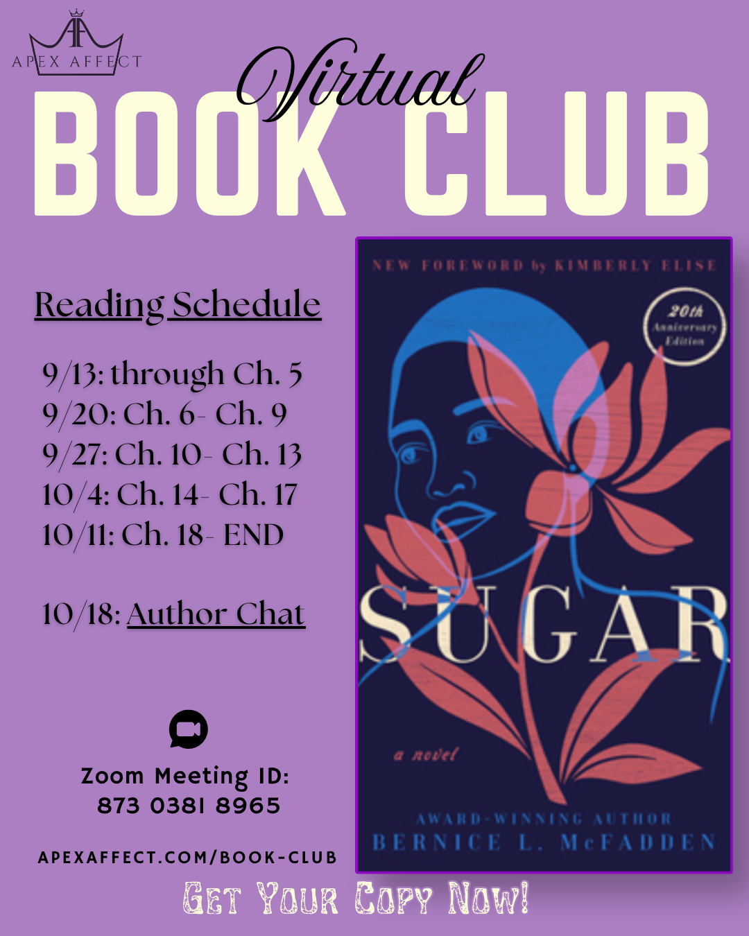 Apex Affect Virtual Book Club reading schedule flyer for Sugar by Bernice L. McFadden — weekly chapters through the October 18th author chat