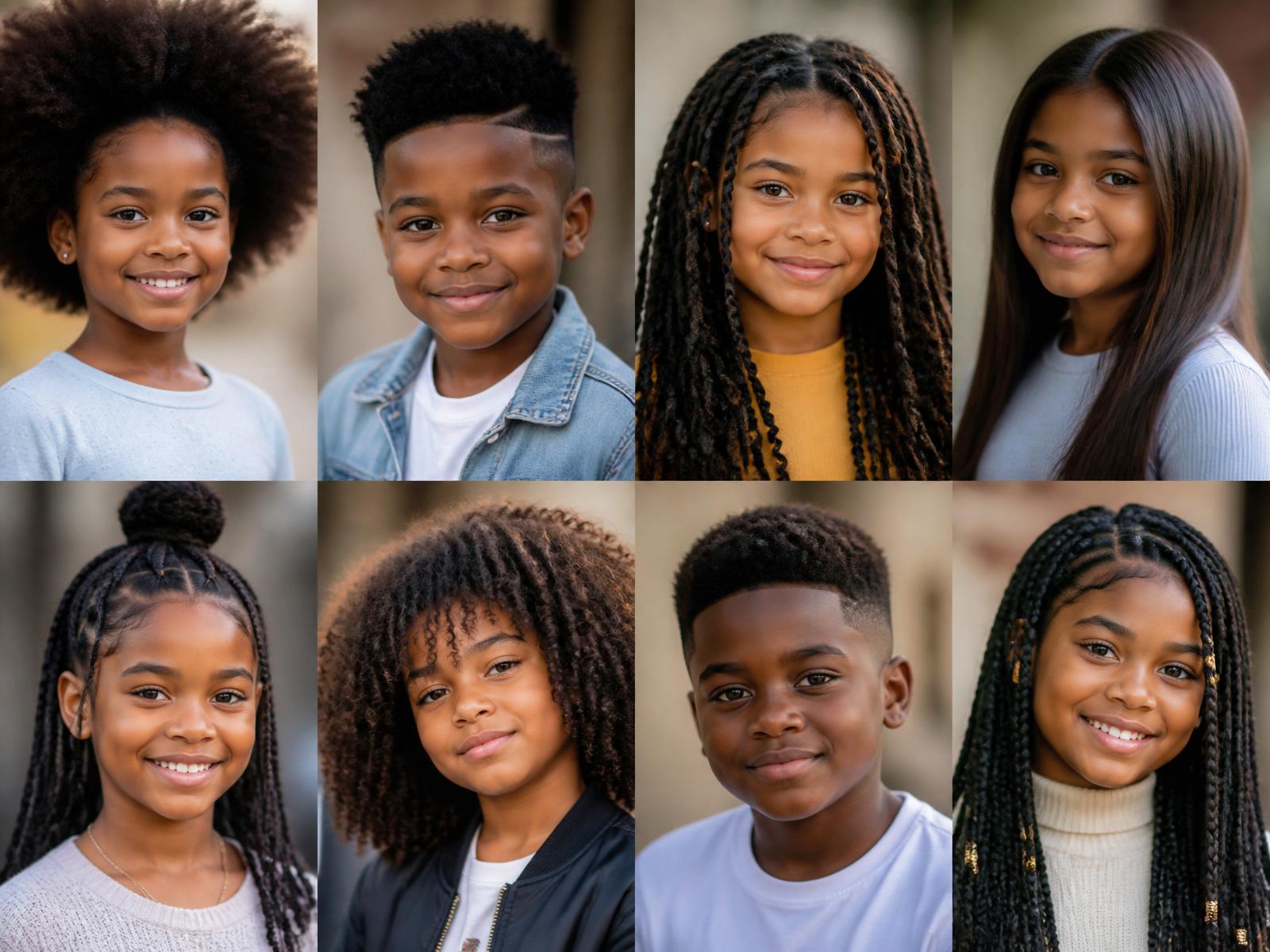 A grid of realistic Black and ethnically ambiguous children with a range of natural hairstyles — cornrows, twists, afros, tapered fades, box braids