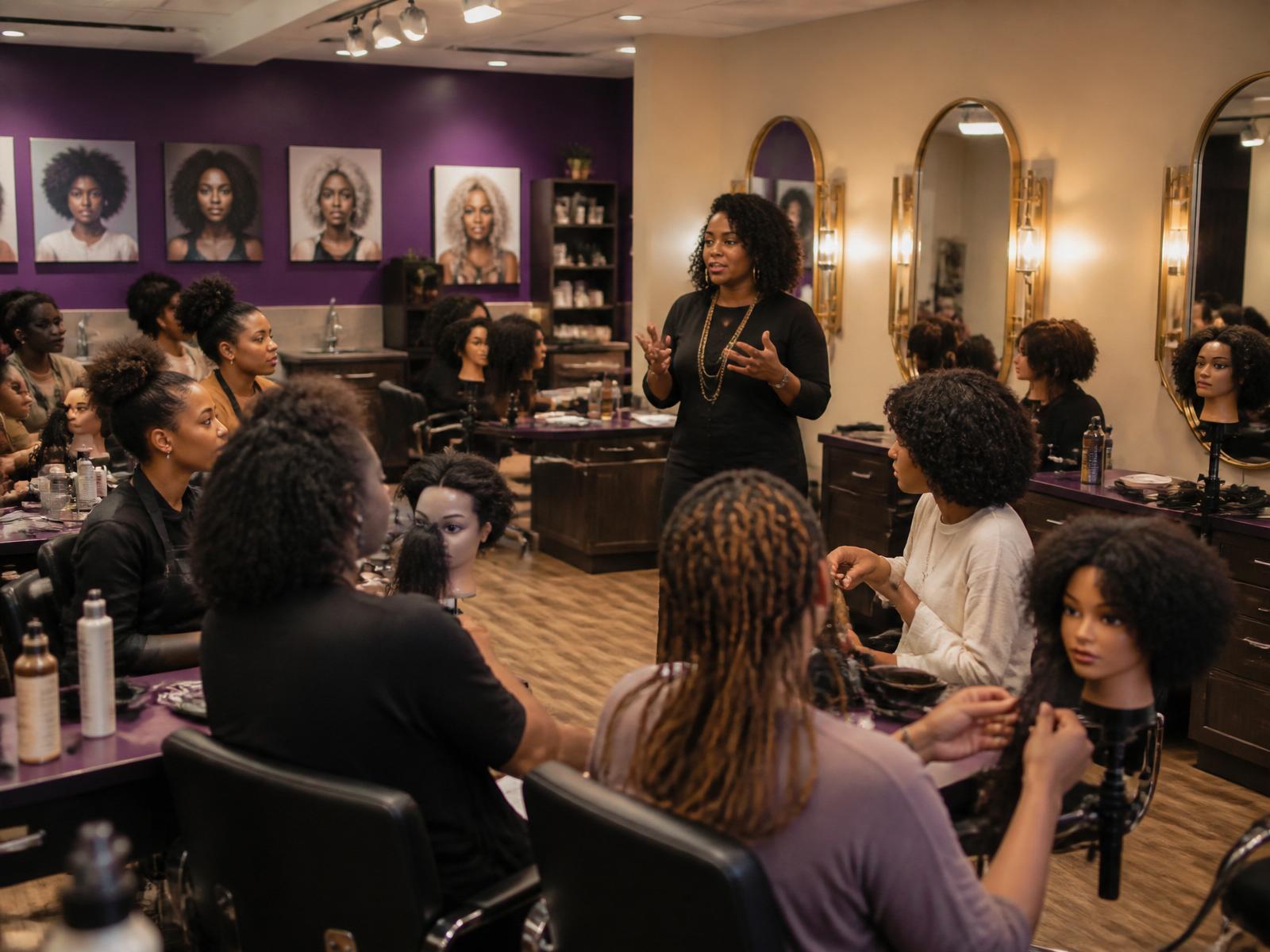 Master educator Jocelyn teaching adult students working on mannequin heads at styling stations — cinematic classroom overhead