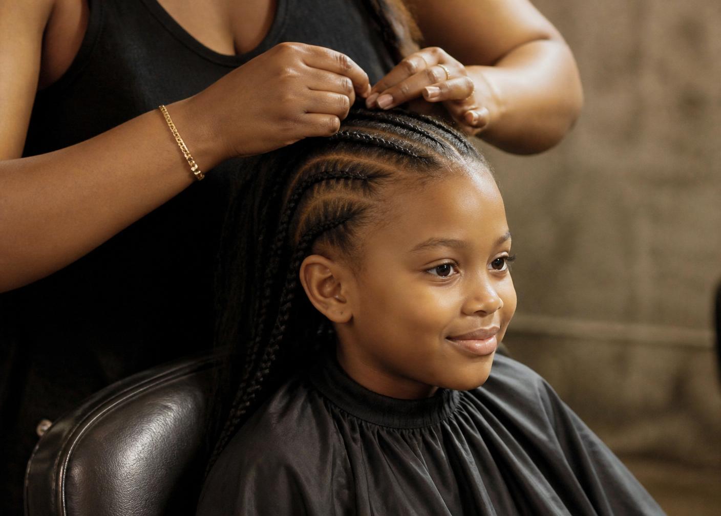 A Black child receiving neat cornrow braids — Crowned In Confidence