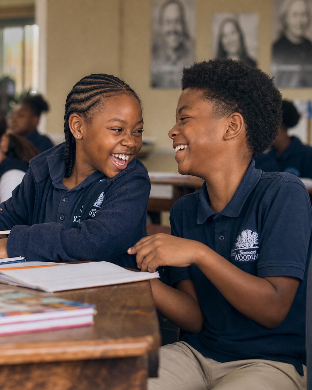 Two Black elementary students — a girl with cornrows and a boy with a small afro — laughing together at a shared desk in a real classroom