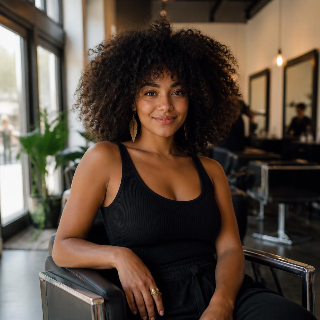 Ethnically ambiguous young adult with a cochlear implant smiling in a salon — ADA-accessible dignity-affirming care